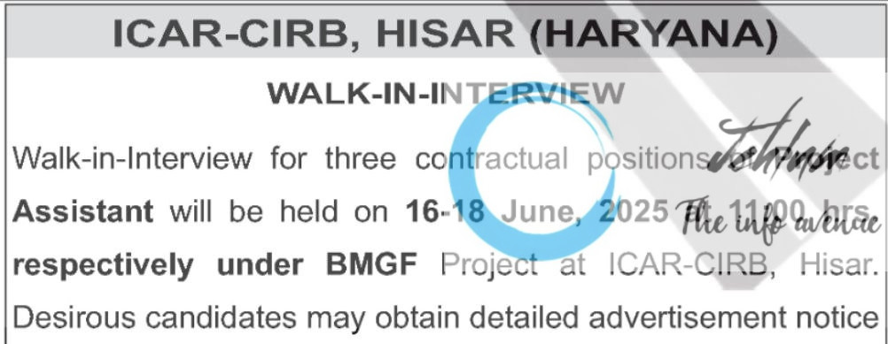 ICAR CIRB HISAR PROJECT ASSISTANT RECRUITMENT ADVT NOTIFICATION 2025