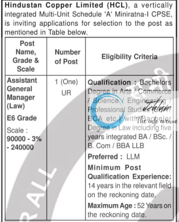 HINDUSTAN COPPER LIMITED HCL ASSISTANT GENERAL MANAGER RECRUITMENT ADVT NOTIFICATION 2025