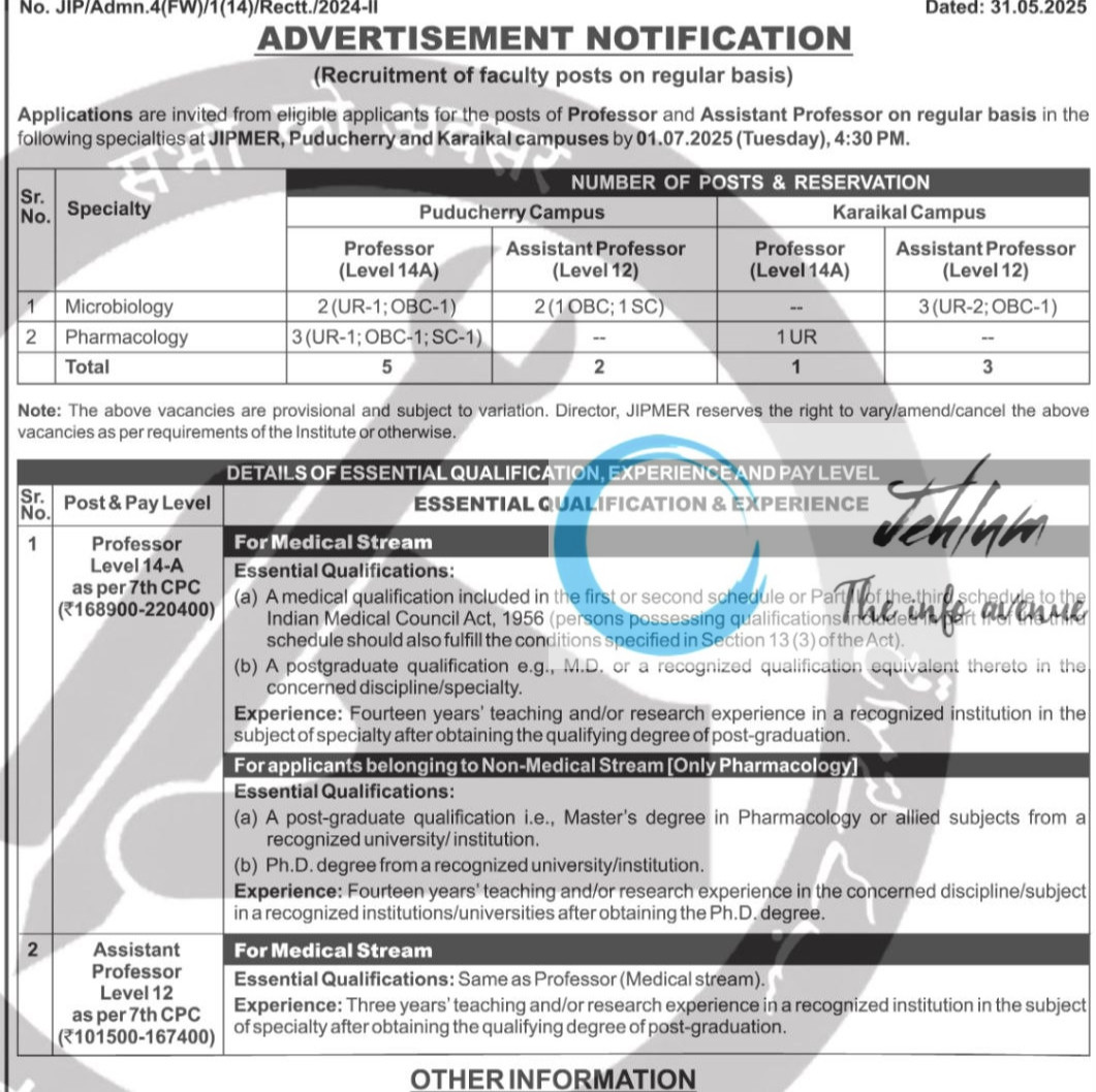 JAWAHARLAL INSTITUTE OF POSTGRADUATE MEDICAL EDUCATION AND RESEARCH RECRUITMENT ADVT NOTIFICATION NO JIP/Admn/4-FW/1/14/Rectt/2024-11