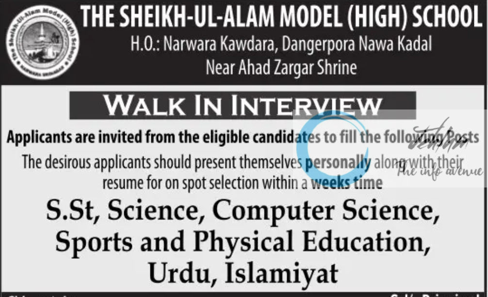 THE SHEIKH-UL-ALAM MODEL HIGH SCHOOL SRINAGAR JOBS VACANCY 2025
