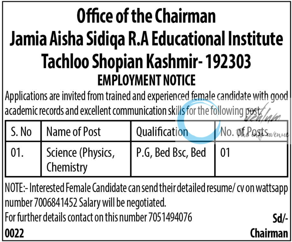 Jamia Aisha Sidiqa RA Educational Institute Shopian Employment Notice 2025