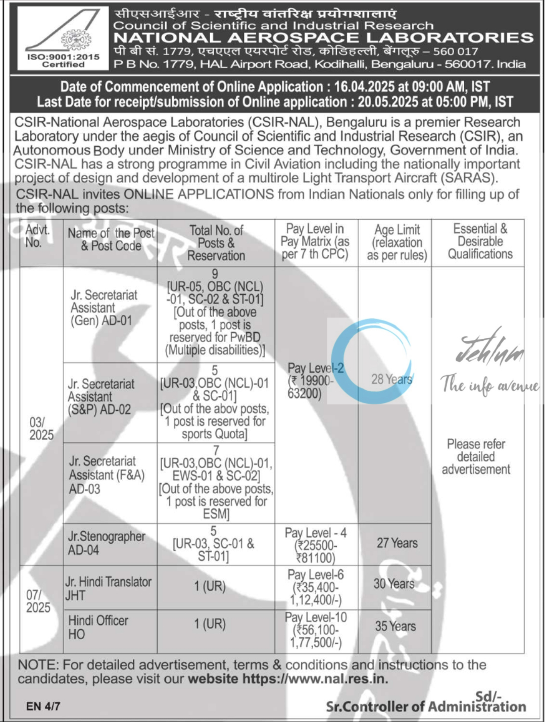 NATIONAL AEROSPACE LABORATORIES CSIR-NAL RECRUITMENT ADVT NO 03/2025 07/2025