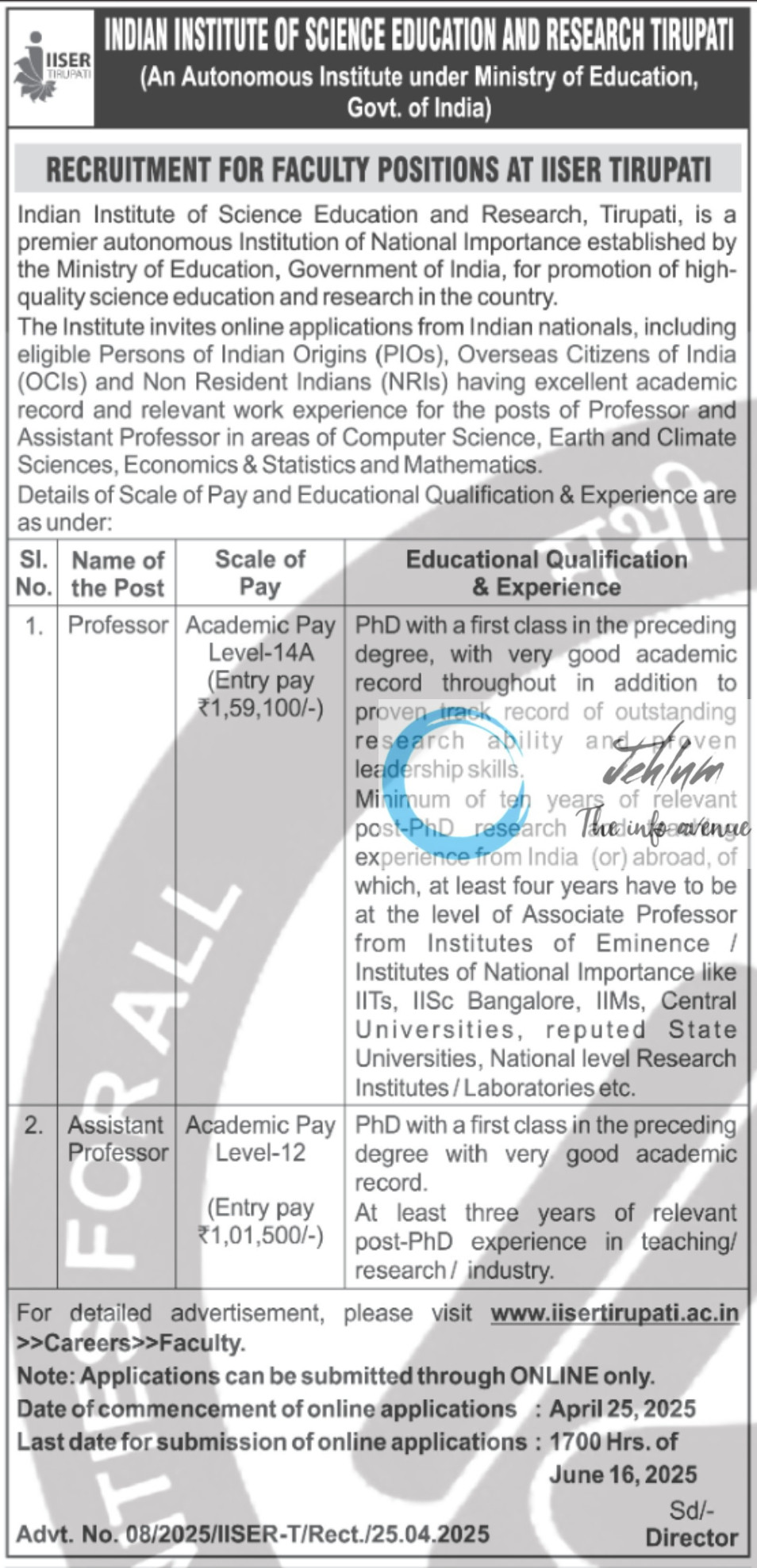 INDIAN INSTITUTE OF SCIENCE EDUCATION AND RESEARCH TIRUPATI FACULTY POSITIONS RECRUITMENT ADVT NO 08/2025/IISER-T/Rect
