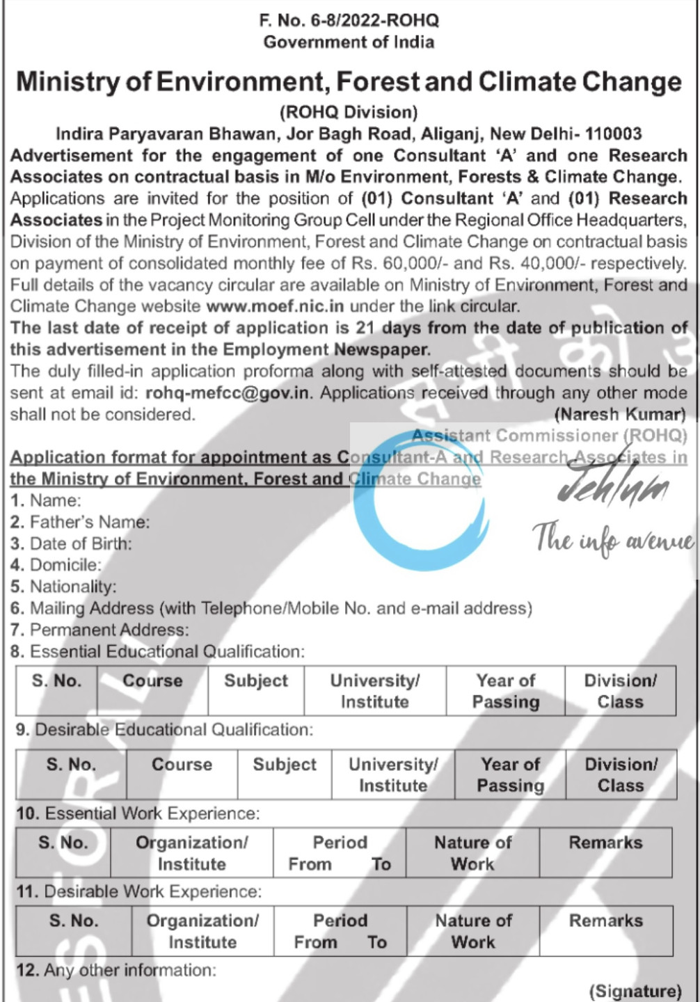 Ministry of Environment Forest and Climate Change ROHQ Division Advertisement Notice No 6-8/2022-ROHQ