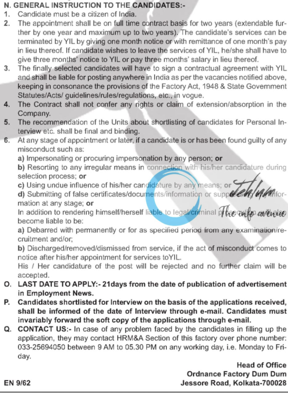 ORDNANCE FACTORY DUM DUM RECRUITMENT ADVT NOTIFICATION NO 01/Contractual Hiring/LWO/OFDC