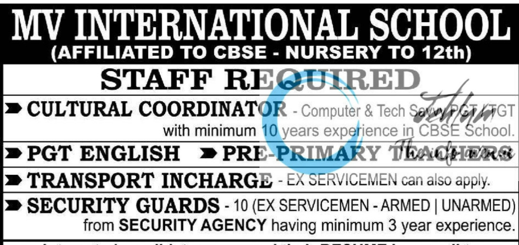MV INTERNATIONAL SCHOOL SAMBA JOBS VACANCY 2025