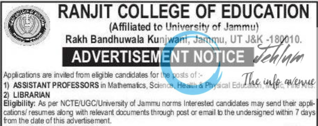 Ranjit College of Education Jammu Jobs Advertisement Notice 2025