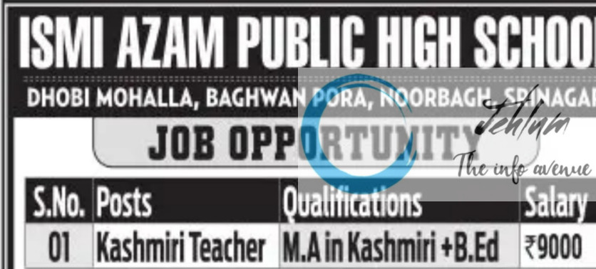 ISMI AZAM PUBLIC HIGH SCHOOl SRINAGAR TEACHER JOBS VACANCY 2025