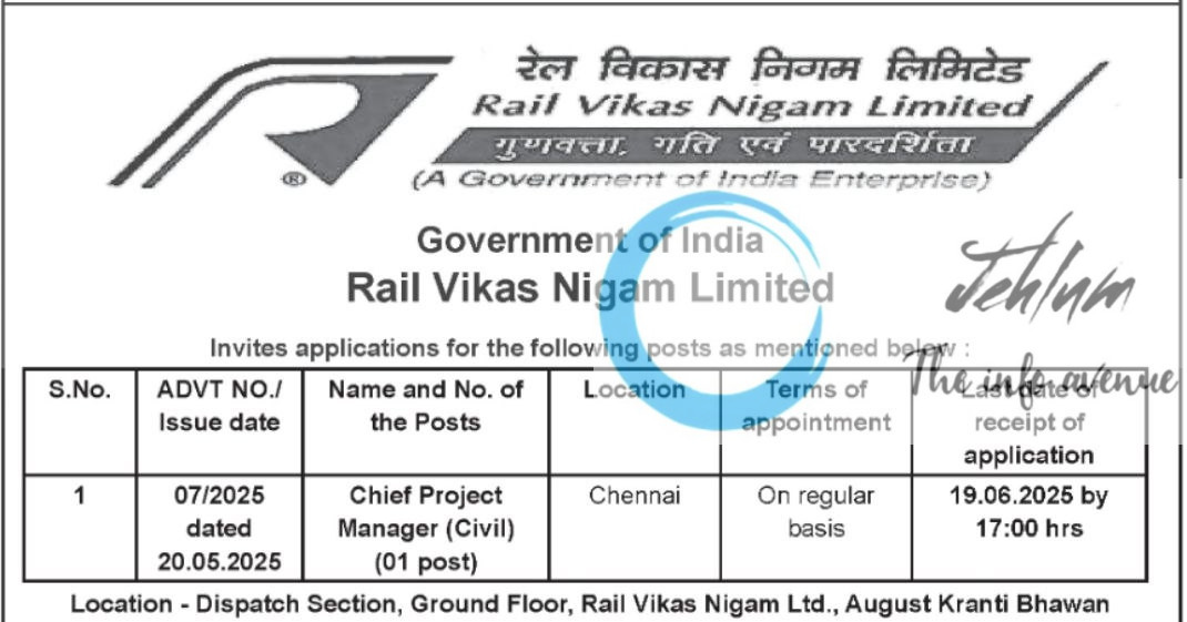 RAIL VIKAS NIGAM LIMITED RECRUITMENT ADVT NOTIFICATION NO 07/2025
