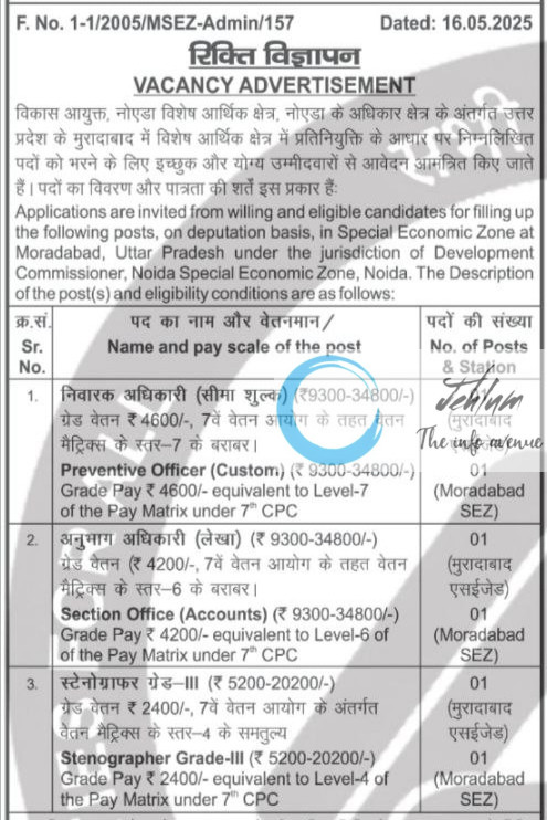 MORADABAD SPECIAL ECONOMIC ZONE RECRUITMENT ADVT NOTIFICATION NO 1-1/2005/MSEZ-Admin/150