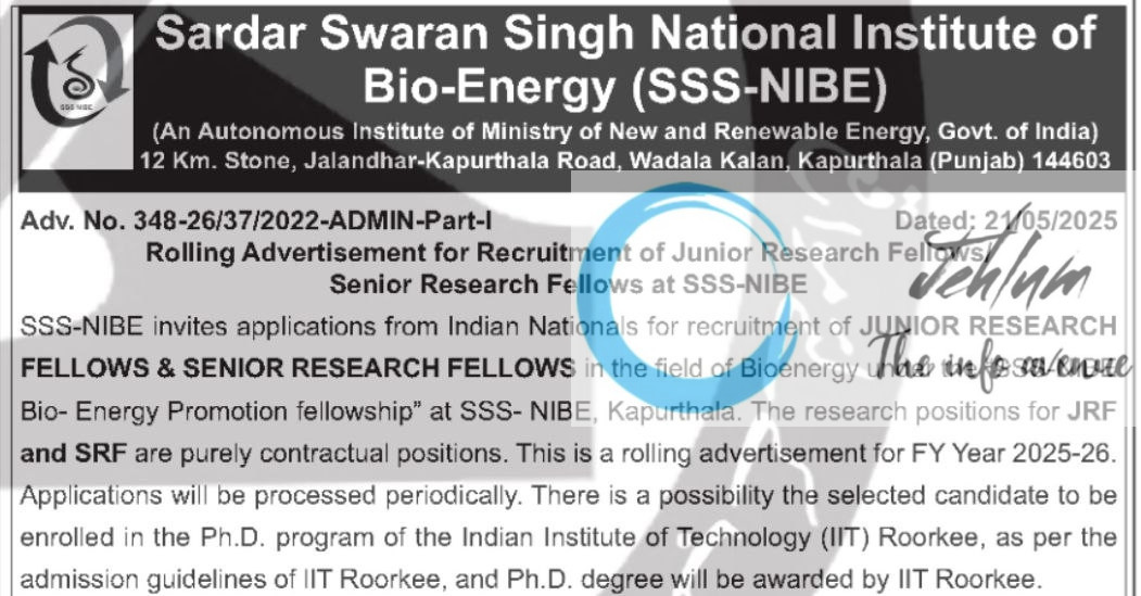 SARDAR SWARAN SINGH NATIONAL INSTITUTE OF BIOENERGY SSS NIBE RECRUITMENT ADVT NOTIFICATION NO 348-26/37/2022-ADMIN-Part-I