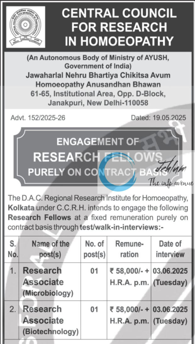 CENTRAL COUNCIL FOR RESEARCH IN HOMOEOPATHY CCRH RECRUITMENT ADVT NOTIFICATION NO 152/2025-26