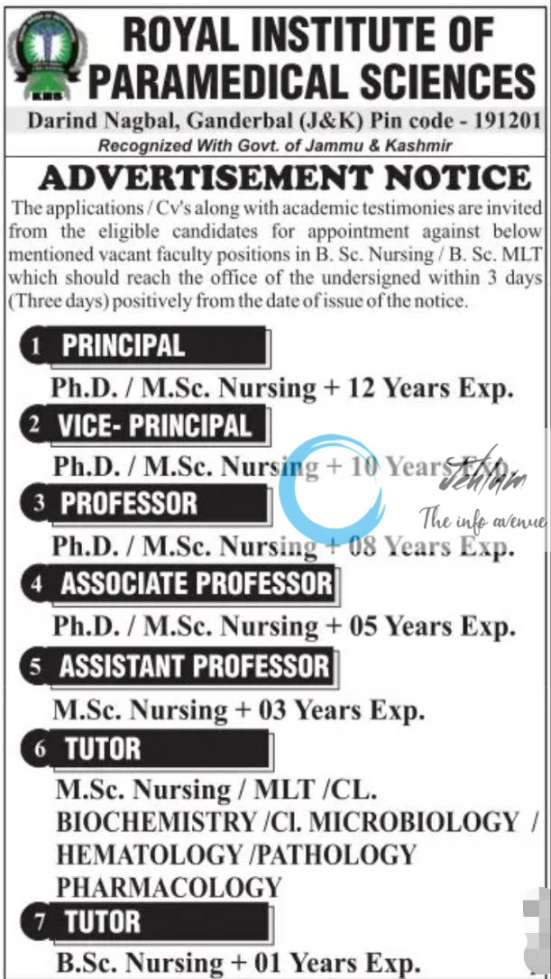 ROYAL INSTITUTE OF PARAMEDICAL SCIENCES GANDERBAL RECRUITMENT ADVT NOTIFICATION 2025