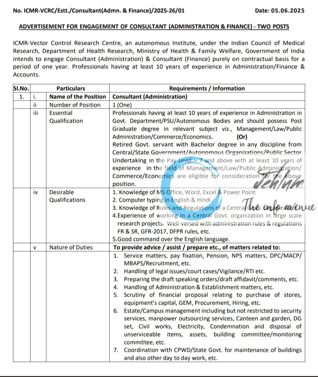 ICMR VECTOR CONTROL RESEARCH CENTRE VCRC PUDUCHERRY RECRUITMENT ADVT NOTIFICATION NO ICMR-VCRC/Estt/Consultant-Admn & Finance/2025-26/01