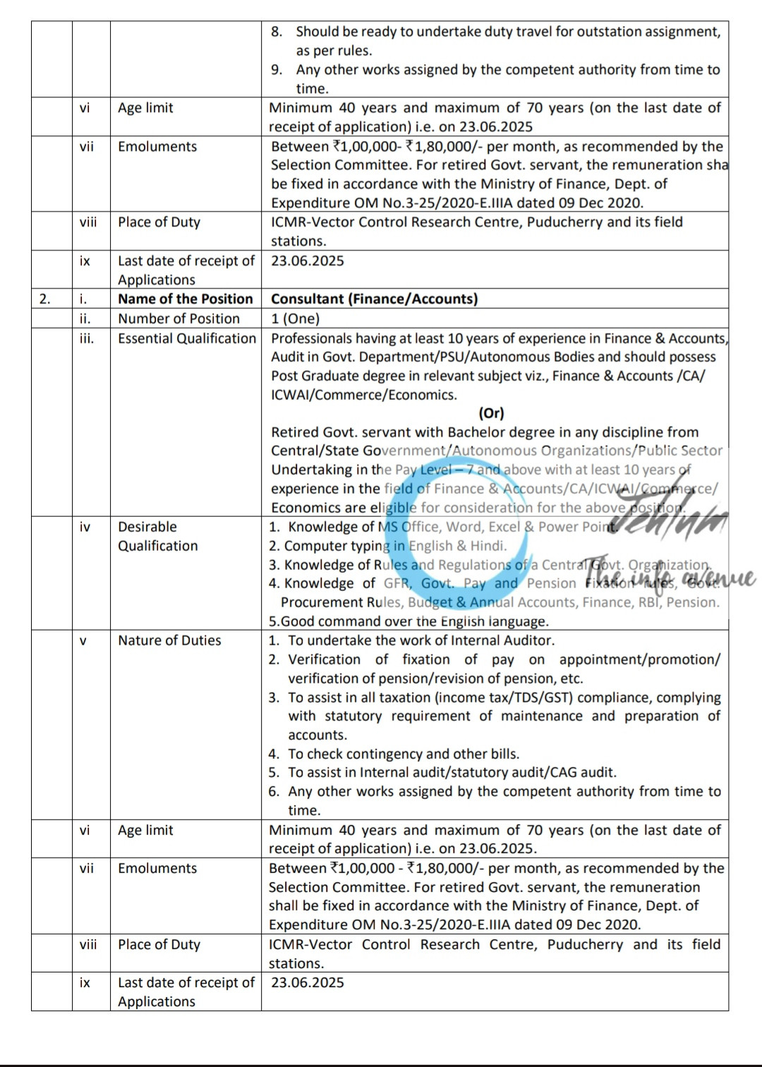 ICMR VECTOR CONTROL RESEARCH CENTRE VCRC PUDUCHERRY RECRUITMENT ADVT NOTIFICATION NO ICMR-VCRC/Estt/Consultant-Admn & Finance/2025-26/01 