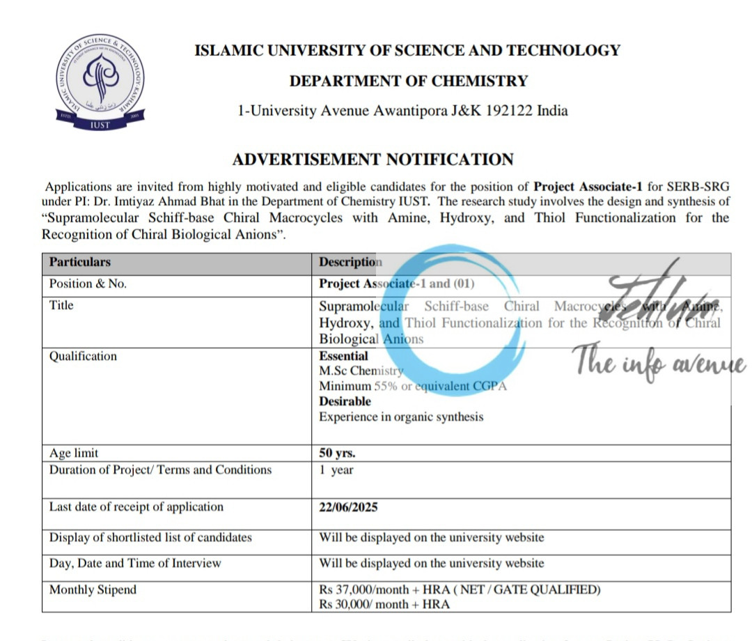 IUST AWANTIPORA DEPARTMENT OF CHEMISTRY RECRUITMENT ADVT NOTIFICATION 2025