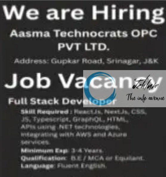 AASMA TECHNOCRATS OPC PVT LTD SRINAGAR JOBS VACANCY 2025