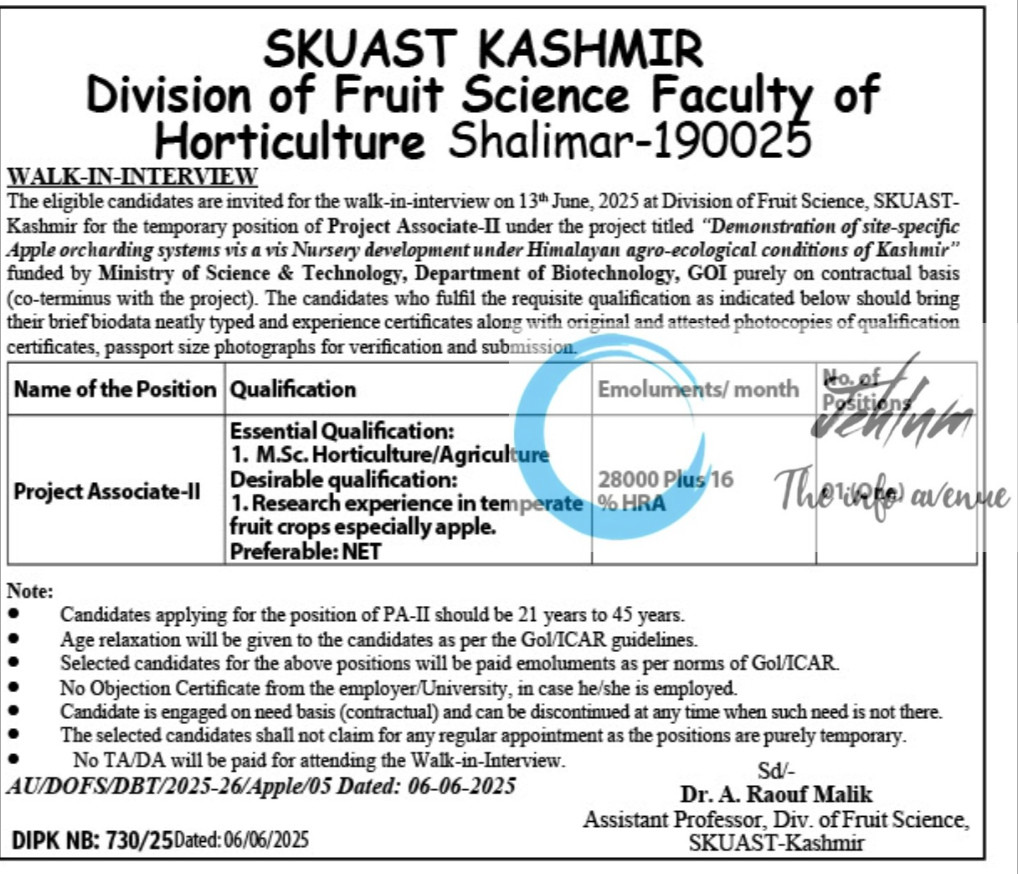 SKUAST KASHMIR DIVISION OF FRUIT SCIENCE FACULTY OF HORTICULTURE SHALIMAR RECRUITMENT ADVT NOTIFICATION NO AU/DOFS/DBT/2025-26/Apple/05