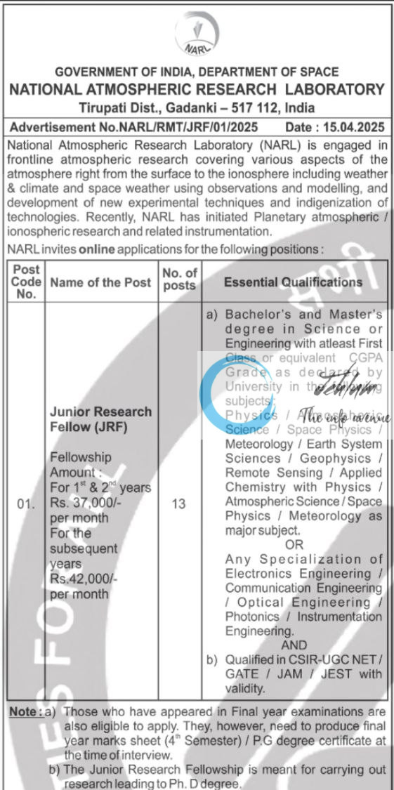 NATIONAL ATMOSPHERIC RESEARCH LABORATORY JRF RECRUITMENT ADVT NOTIFICATION NO NARL/RMT/JRF/01/2025