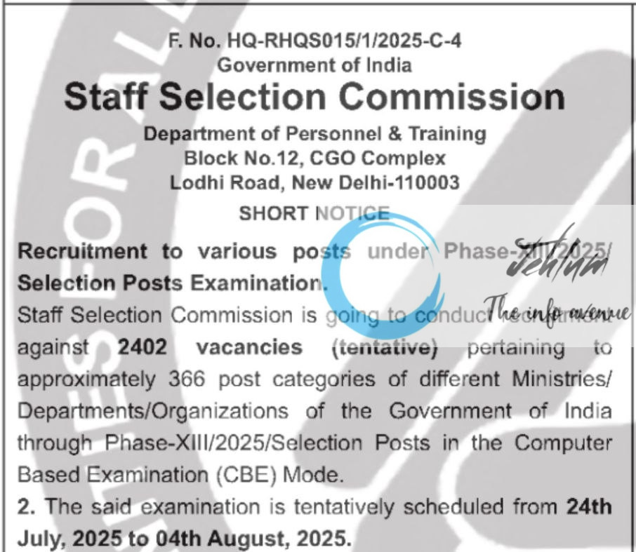 STAFF SELECTION COMMISSION RECRUITMENT ADVT NOTIFICATION 2025