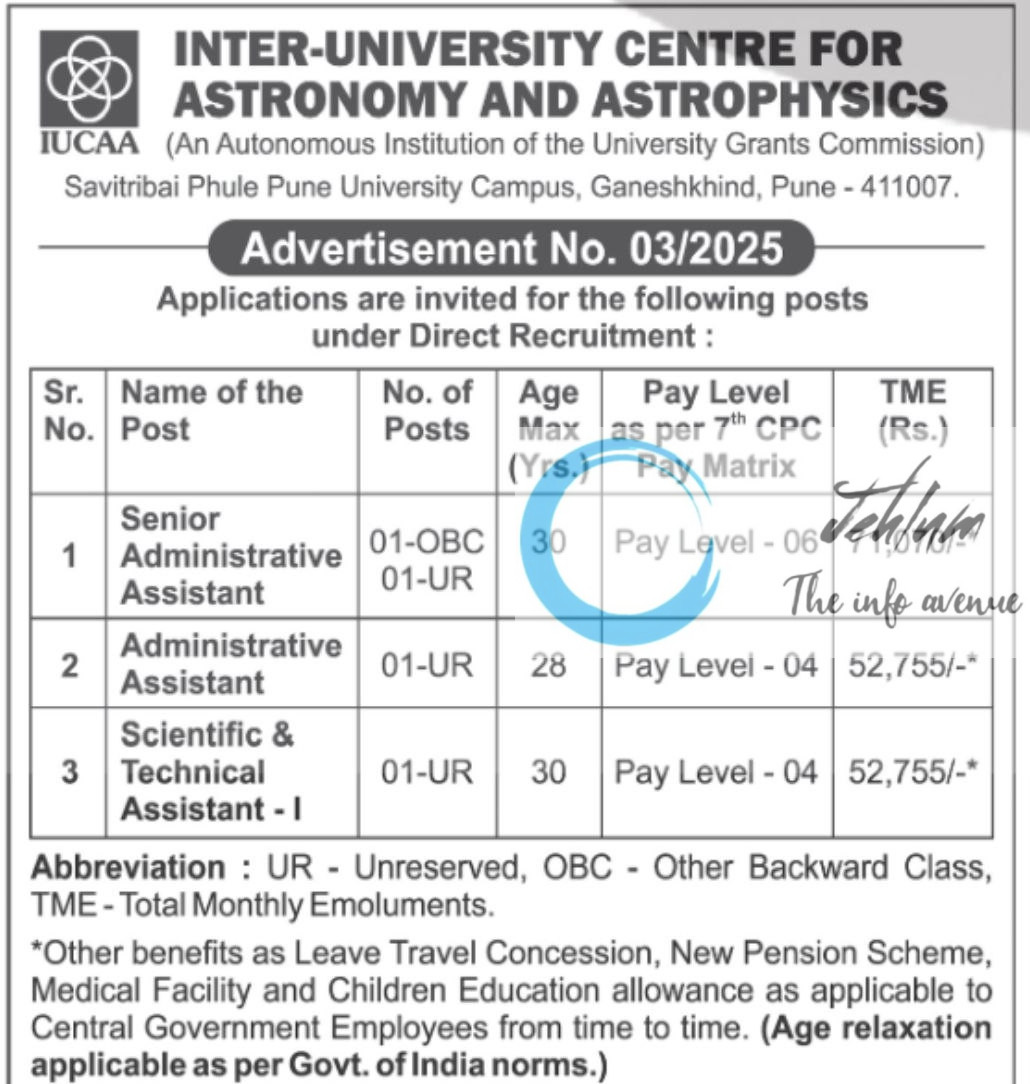 INTER UNIVERSITY CENTRE FOR ASTRONOMY AND ASTROPHYSICS IUCAA RECRUITMENT ADVT NOTIFICATION NO 03/2025
