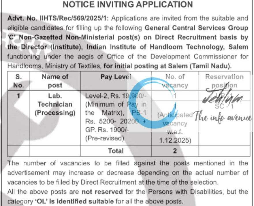 INDIAN INSTITUTE OF HANDLOOM TECHNOLOGY RECRUITMENT ADVT NOTIFICATION NO IIHTS/Rec/569/2025/1
