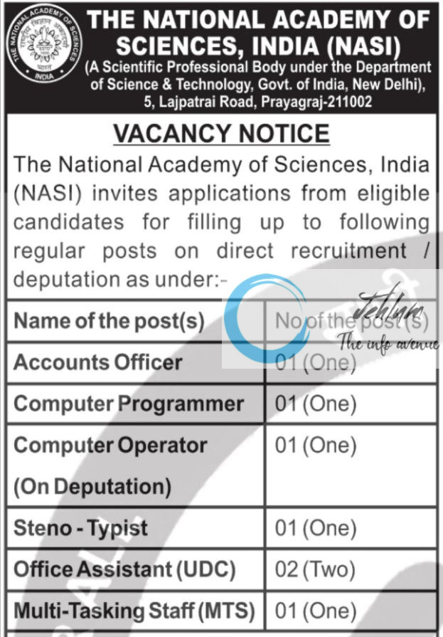 THE NATIONAL ACADEMY OF SCIENCES INDIA NASI RECRUITMENT ADVT NOTIFICATION 2025