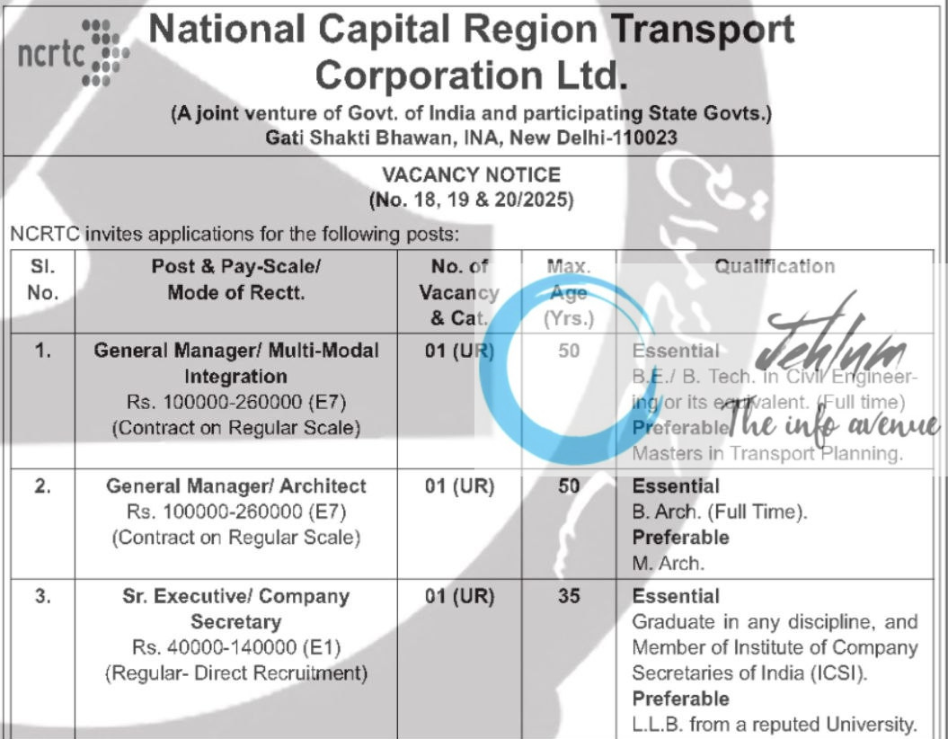 NATIONAL CAPITAL REGION TRANSPORT CORPORATION LTD NCRTC RECRUITMENT ADVT NOTIFICATION NO 18 19 & 20/2025 NATIONAL CAPITAL REGION TRANSPORT CORPORATION LTD NCRTC RECRUITMENT ADVT NOTIFICATION NO 18 19 & 20/2025