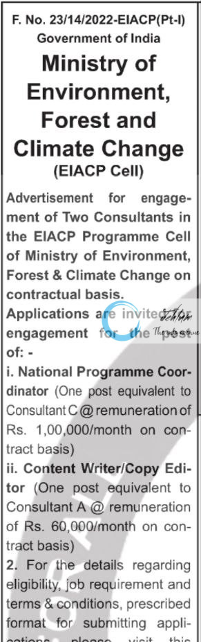 MINISTRY OF ENVIRONMENT FOREST AND CLIMATE CHANGE RECRUITMENT ADVT NOTIFICATION NO 23/14/2022-EIACP-Pt-I