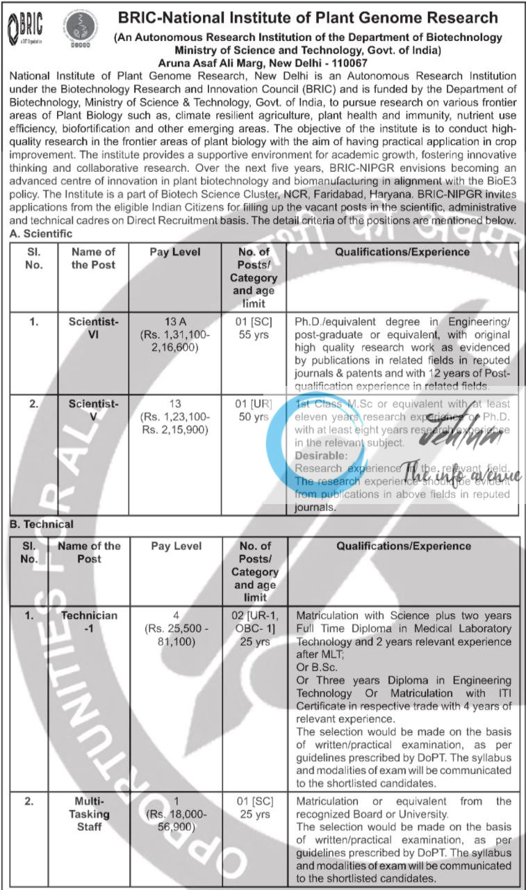 BRIC NATIONAL INSTITUTE OF PLANT GENOME RESEARCH NIPGR RECRUITMENT ADVT NOTIFICATION 2025