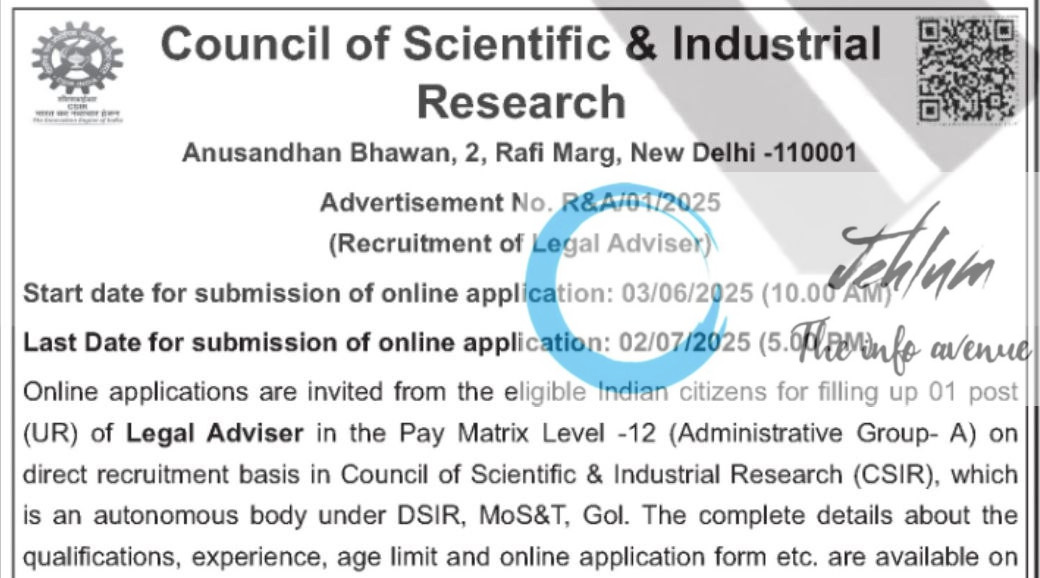 COUNCIL OF SCIENTIFIC AND INDUSTRIAL RESEARCH CSIR RECRUITMENT ADVT NOTIFICATION NO R&A/01/2025