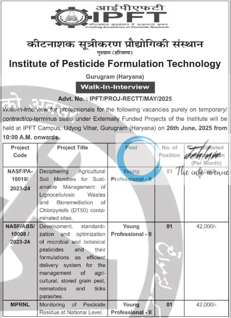 INSTITUTE OF PESTICIDE FORMULATION TECHNOLOGY RECRUITMENT ADVT NOTIFICATION NO IPFT/PROJ-RECTT/MAY/2025