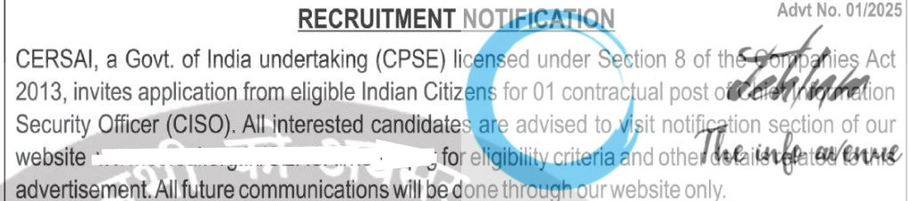 CENTRAL REGISTRY OF SECURITISATION ASSET RECONSTRUCTION AND SECURITY INTEREST OF INDIA CERSAI RECRUITMENT ADVT NOTIFICATION NO 01/2025