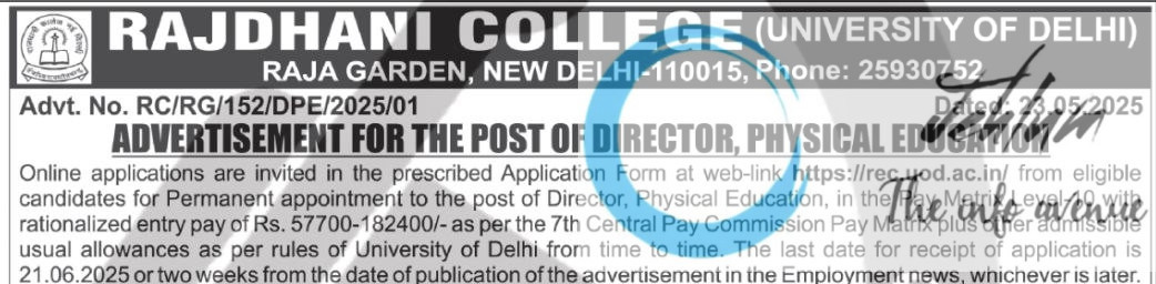 DU RECRUITMENT ADVT NOTIFICATION NO RC/RG/152/DPE/2025/01
