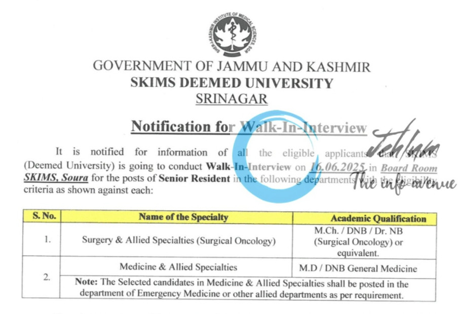 SKIMS SRINAGAR RECRUITMENT ADVT NOTIFICATION 2025
