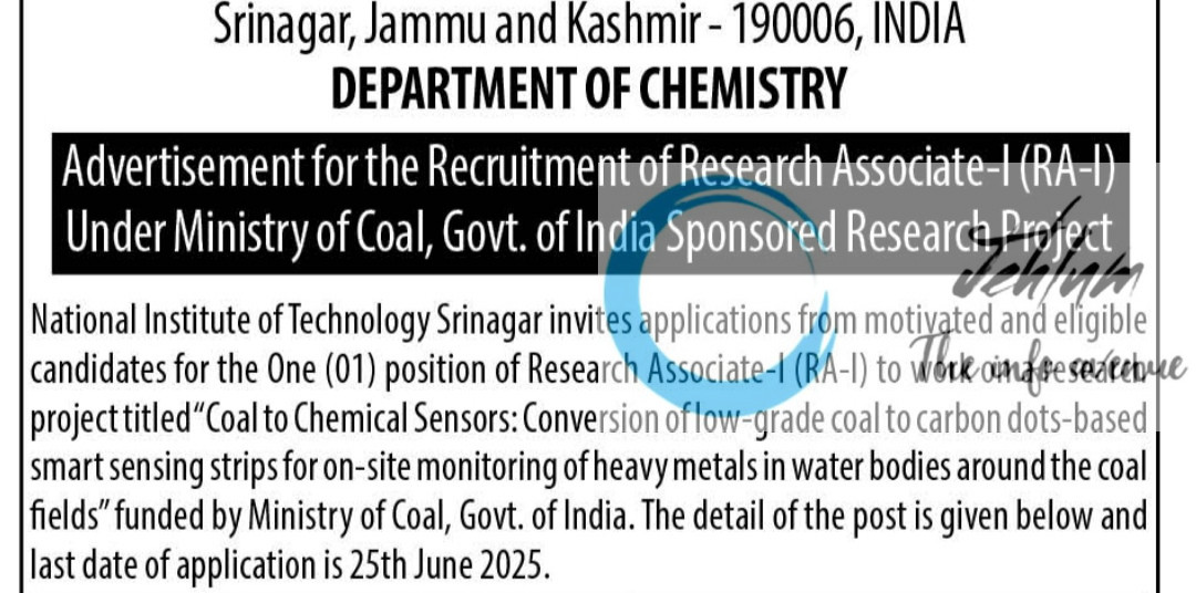 NIT SRINAGAR DEPARTMENT OF CHEMISTRY RESEARCH ASSOCIATE RECRUITMENT ADVT NOTIFICATION 2025
