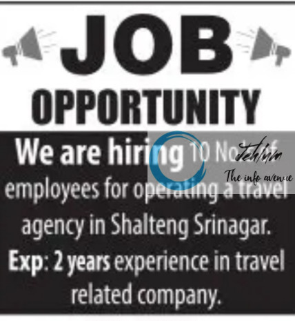CROWN PINE KASHMIR TOUR AND TRAVELS SRINAGAR JOBS VACANCY 2025