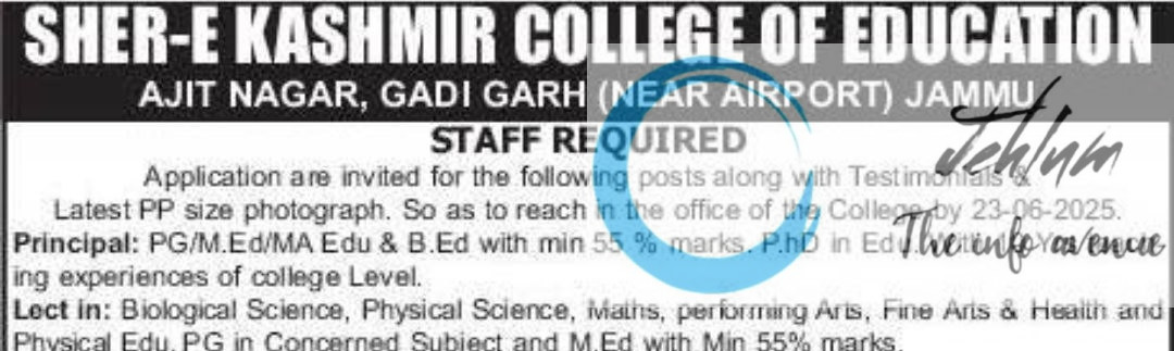 SHER E KASHMIR COLLEGE OF EDUCATION JAMMU JOBS VACANCY 2025