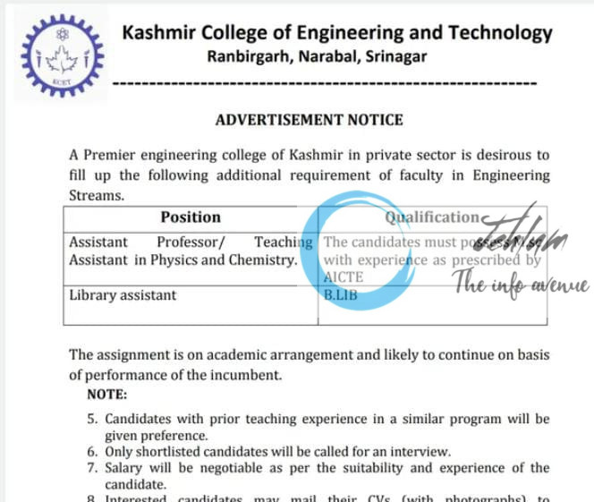 KASHMIR COLLEGE OF ENGINEERING AND TECHNOLOGY SRINAGAR RECRUITMENT ADVT NOTIFICATION NO KCET/2025/03