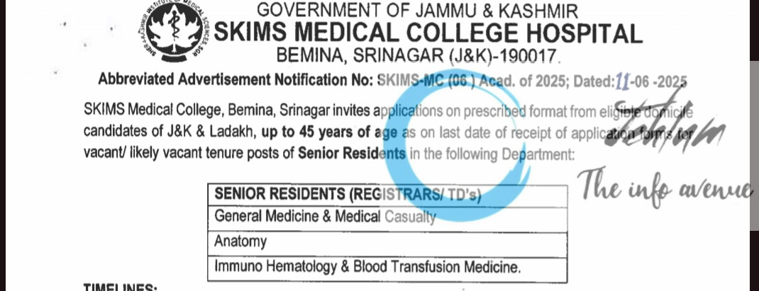 SKIMS MEDICAL COLLEGE HOSPITAL BEMINA RECRUITMENT ADVT NOTIFICATION NO SKIMS-MC-06-Acad-of 2025