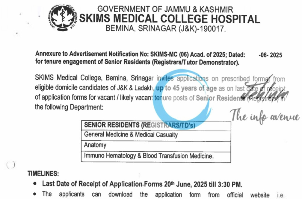 SKIMS MEDICAL COLLEGE HOSPITAL BEMINA RECRUITMENT ADVT NOTIFICATION NO SKIMS-MC-06-Acad-of 2025