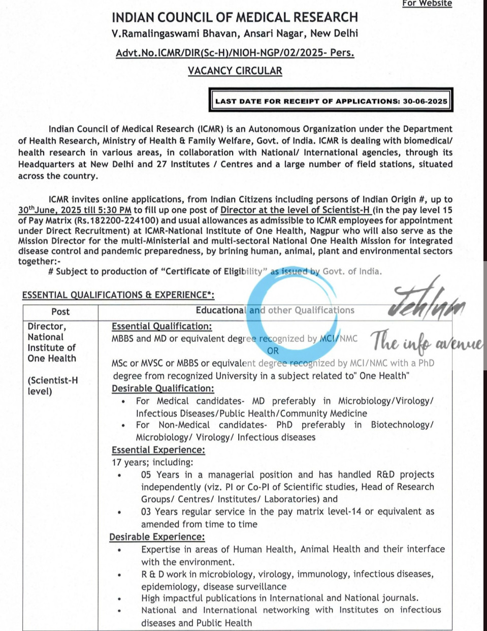 INDIAN COUNCIL OF MEDICAL RESEARCH NEW DELHI RECRUITMENT ADVT NOTIFICATION NO ICMR/DIR-Sc-H/NIOH-NGP/02/2025-Pers