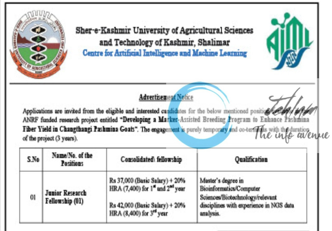 SHER E KASHMIR UNIVERSITY OF AGRICULTURAL SCIENCES AND TECHNOLOGY SKUAST KASHMIR SHALIMAR JRF RECRUITMENT ADVT NOTIFICATION NO AU/CAIML/2025/145