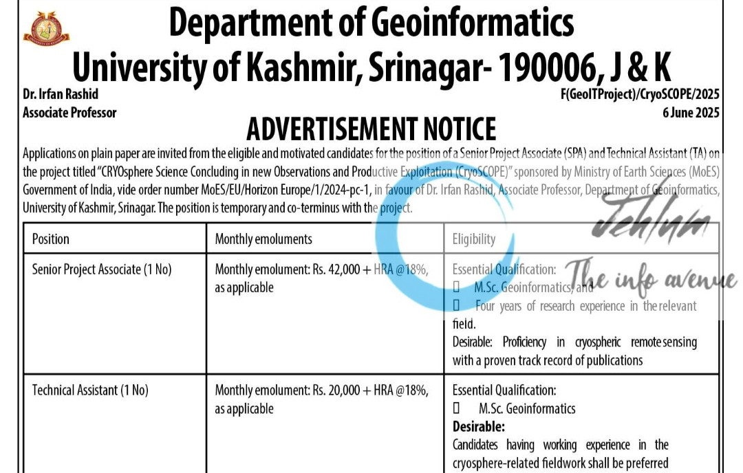 KU DEPARTMENT OF GEO INFORMATICS RECRUITMENT ADVT NOTIFICATION 2025