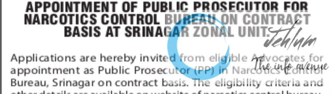 NARCOTICS CONTROL BUREAU NCB SRINAGAR PUBLIC PROSECUTOR PP RECRUITMENT ADVT NOTIFICATION 2025