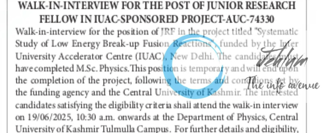 CENTRAL UNIVERSITY OF KASHMIR CUK TULMULLA CAMPUS JRF RECRUITMENT ADVT NOTIFICATION 2025