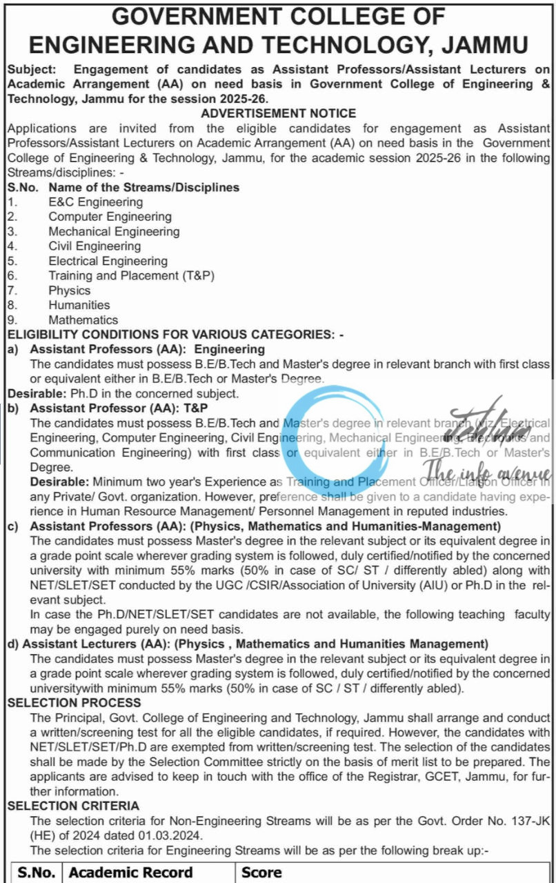 GOVERNMENT COLLEGE OF ENGINEERING AND TECHNOLOGY GCET JAMMU AP RECRUITMENT ADVT NOTIFICATION 2025