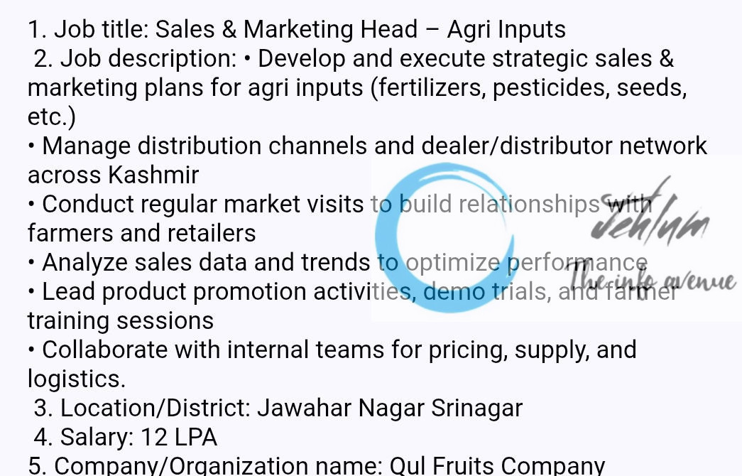 QUL FRUITS COMPANY SRINAGAR JOBS OPENING 2025
