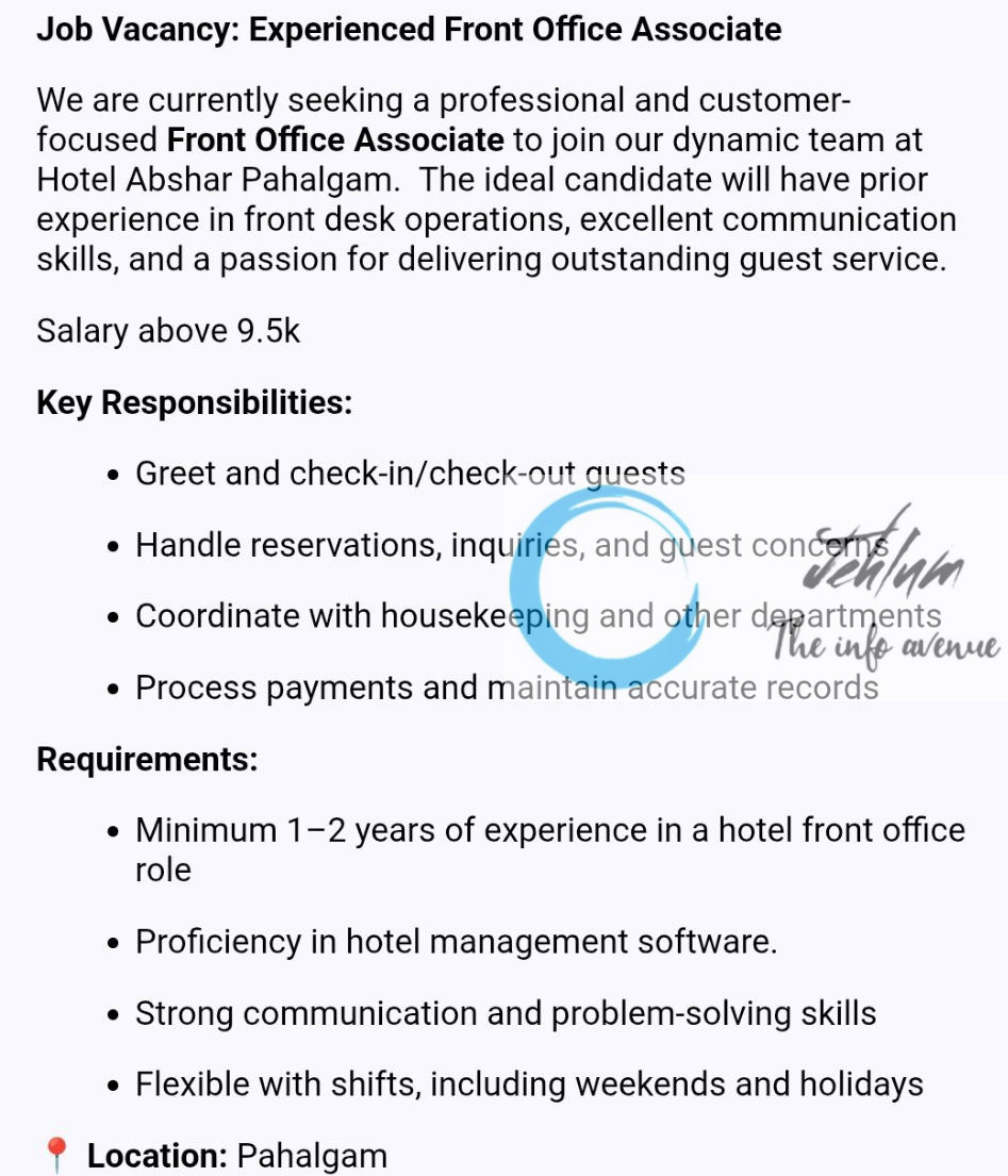 HOTEL ABSHAR PAHALGAM FRONT OFFICE ASSOCIATE JOBS OPENING 2025