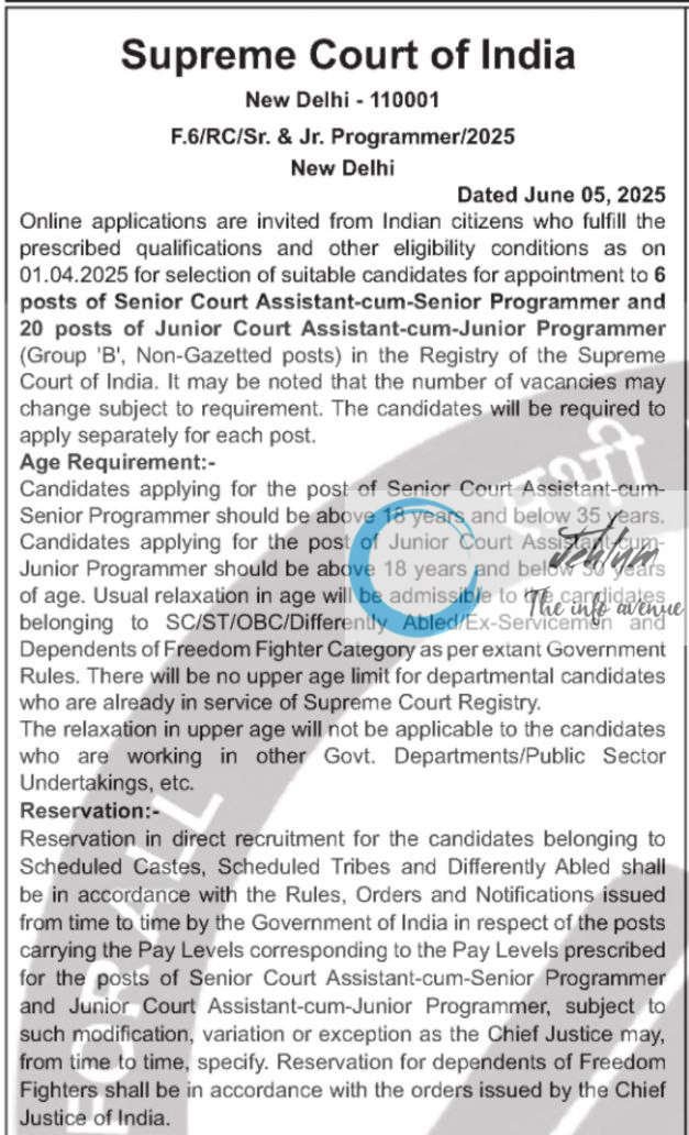 SUPREME COURT OF INDIA SCI RECRUITMENT ADVT NOTIFICATION NO F 6/RC/Sr & Jr Programmer/2025